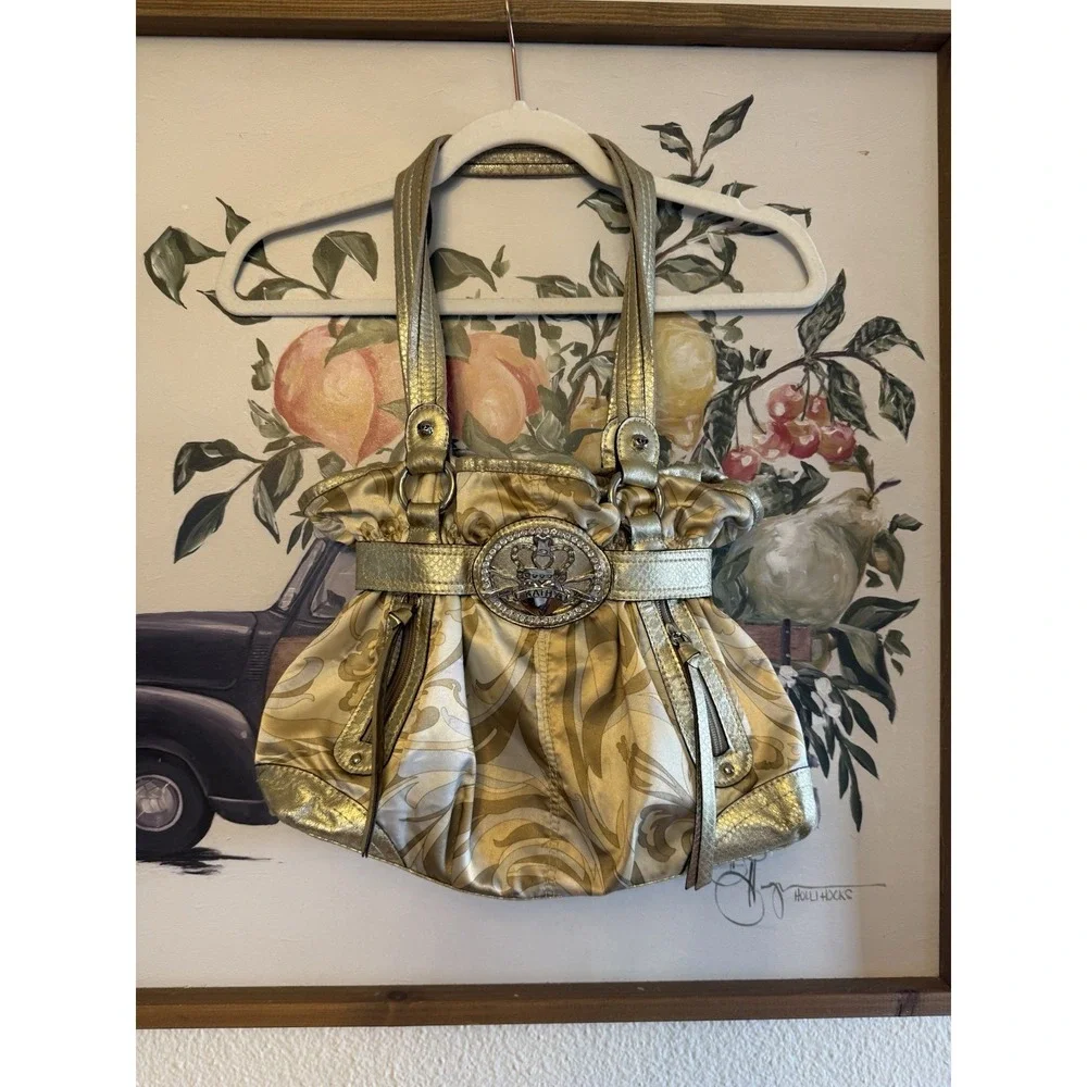 Y2K VTG Kathy Van Zeeland Metallic Gold Ruched Hobo Shoulder Bag Bratz Glam